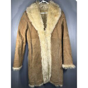 Penny Lane Wilsons Leather Coat Womens M Tan Suede Faux Fur Boho Jacket VTG Y2K